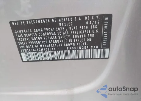 2012 Volkswagen Jetta 2.0L S из США, поврежденный, VIN 3VW2K7AJ4CM402511